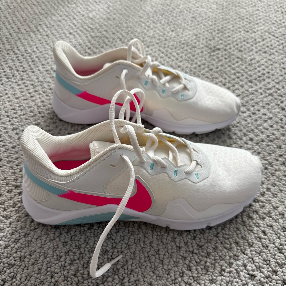Nike Woman’s Legend Essential 2 Summit White and Pink Blast Shoes (NEW)